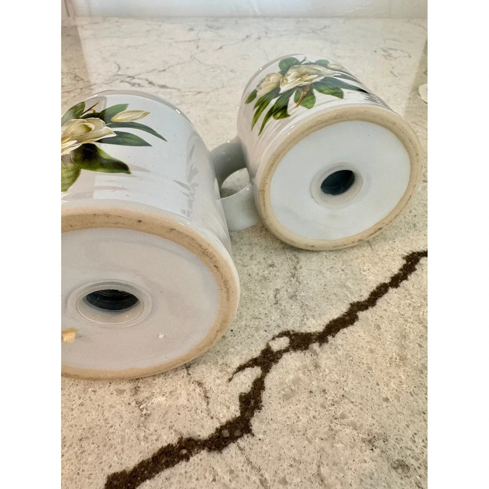 Vintage Magnolia Floral Ceramic Salt and Pepper Shakers Set White Mug Style